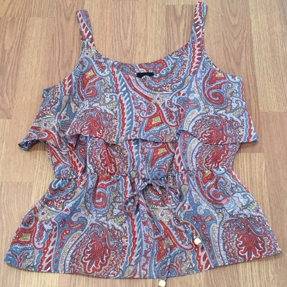 bobeau Tops - Bobeau Tank Top Sheer Mixed Print Waist Tie Ruffle